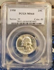 1950 Washington Silver Quarter. PCGS graded MS 64.