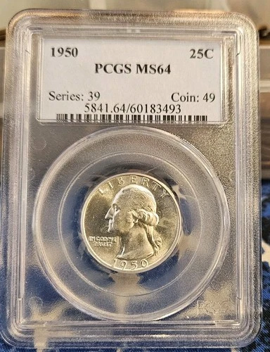 1950 Washington Silver Quarter. PCGS graded MS 64.