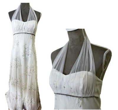 Vintage 90s Betsy & Adam Dress Maxi Gown 8 White Shimmer Wedding Bridal Y2K Prom