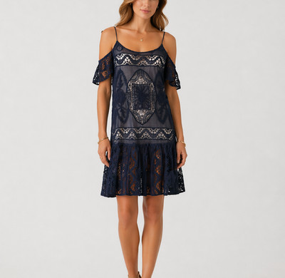 Artelier Nicole Miller Womens La Plage Silk Lace Boho Dress S Blue Sheer Overlay