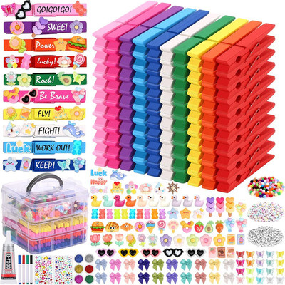 Cheer Pins Making Kit Wooden Clips Beads Charms Bows DIY Craft Set Bulk