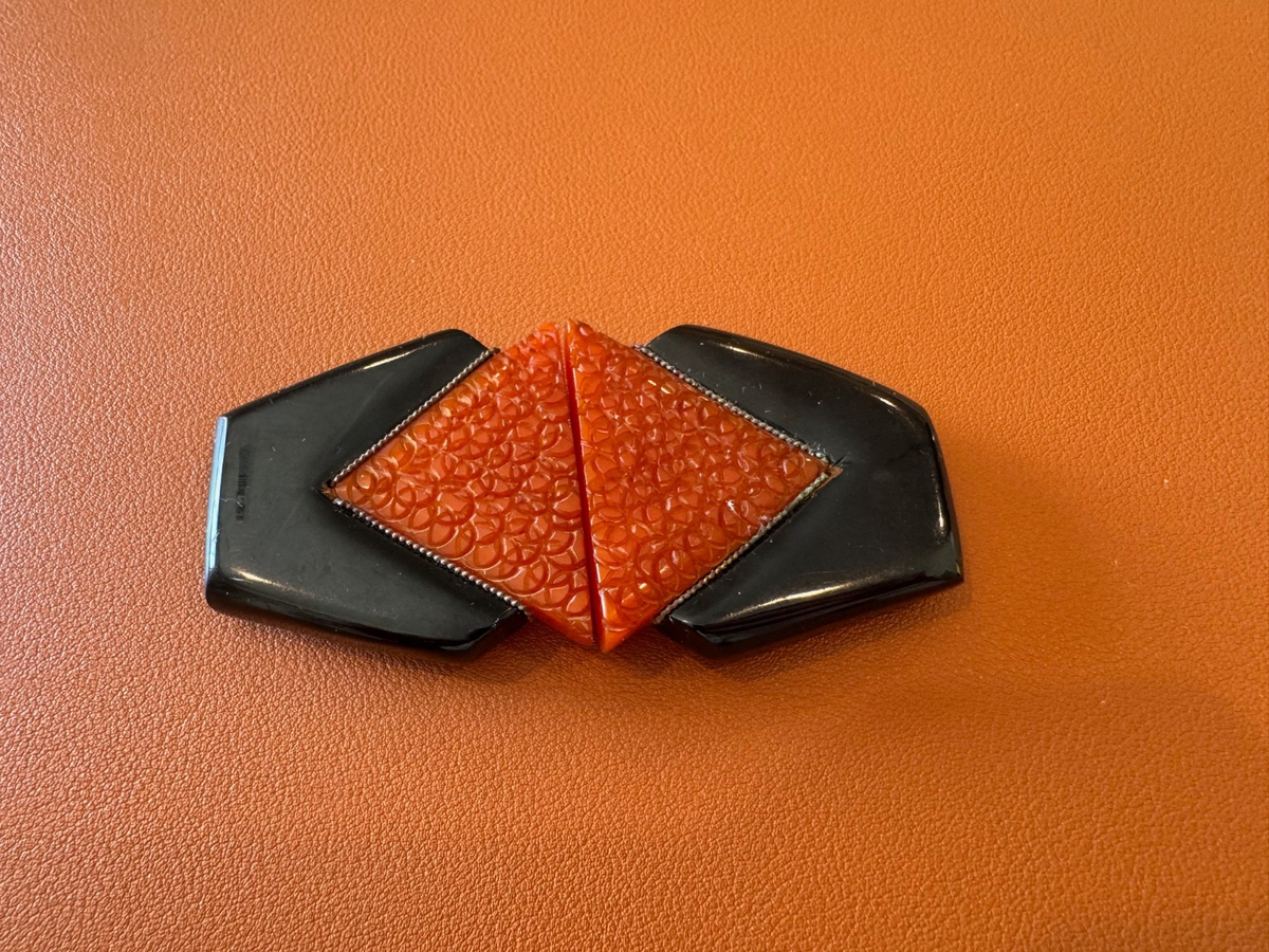 Vintage Bakelite or Celluloid Black Orange Belt Buckle