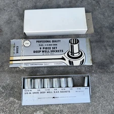 Kmart 7 Piece 3/8" Drive Deep Well S.A.E. Socket Set with Case Japan- READ