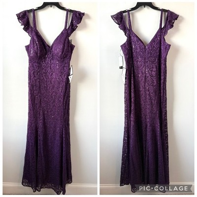 R & M Richards Sequins Lace Cold Shoulder Mermaid Gown Plum Purple 16