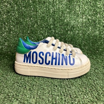 Moschino Logo Low Top Leather Elastic Lace Trainers Sneaker White Kids Size 8.5