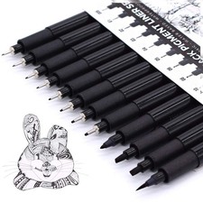 Art Pens Fineliner Ink Set of 12 Technical Drawing Pigment Pen Fine Point Black