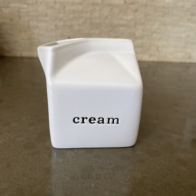 Crate & Barrel CREAM White Ceramic Farmhouse Milk Carton Creamer Typewriter Font