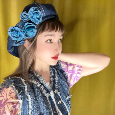 Retro Japanese Painter Cowboy Hat 3D Camellia Flower Denim Cotton Beret Cap