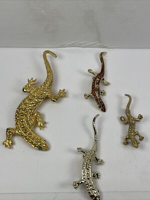 Lot of 4 Lizard Salamander Silver Gold Pins Rhinestone Brooches Costume Fashion