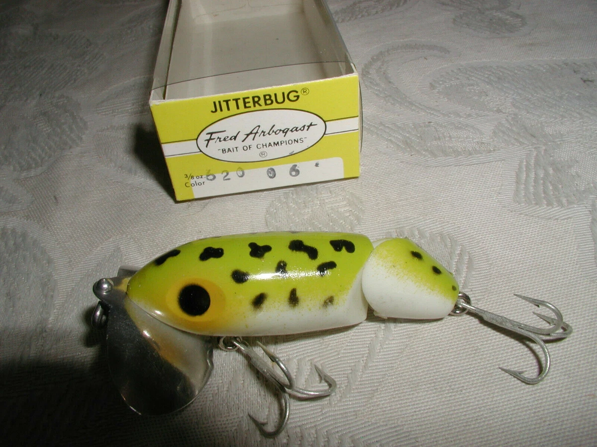 VINTAGE ARBOGAST JOINTED JITTERBUG,Old Frog 3/8oz. Fishing LURE,NOS;MINT-DISC.