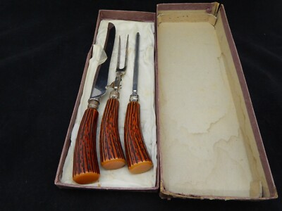 Latham & Owen Sheffield England Carving Set Antler Handles Knife