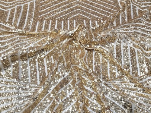 Champagne Gold Geometric Sequin Fabric on Mesh 2 Way Stretch "BombShell Sequins" - Picture 5 of 9
