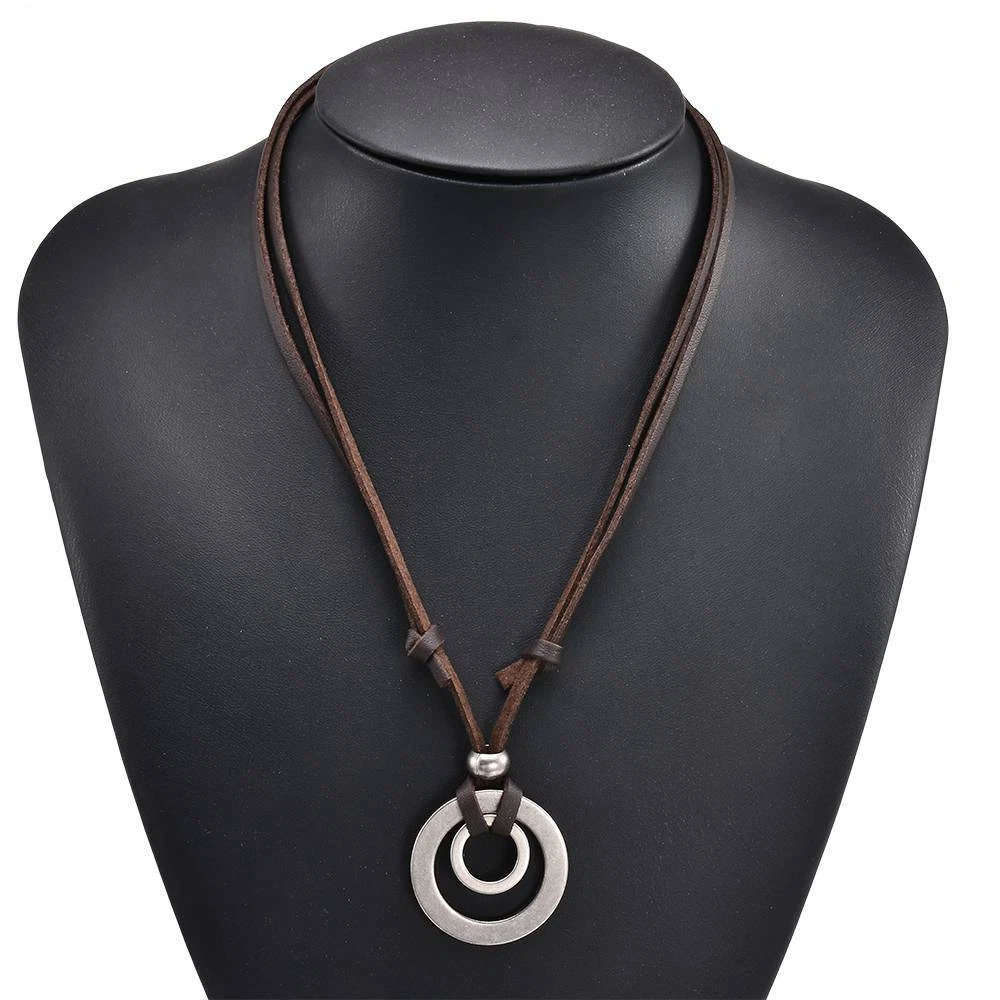 Men Women Double Ring Adjustable Leather Cord Necklace Pendant Jewelry US