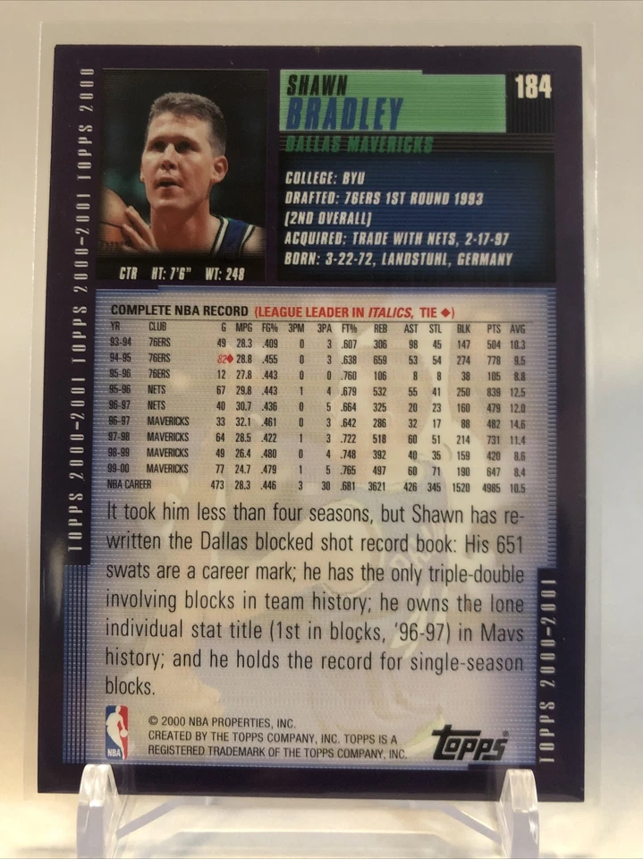 2000-01 Topps Dallas Mavericks Basketball Card #184 Shawn Bradley - Image 2 of 2