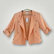 NEW Chicos Jacket Womens L Orange Easy Linen Drape Front Roll Tab Sleeves Open