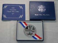 1984-P Olympic Unc Silver Dollar US Mint Commemorative $1 OGP Box & COA