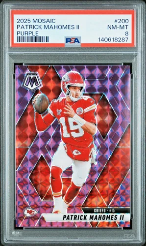 PATRICK MAHOMES II 2025 MOSAIC PURPLE MOSAIC PRIZM CHIEFS /49 PSA 8