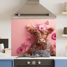 Premium Various Sizes Pink Floral Cow 6mm Glass Toughened Kitchen Splashback