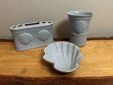 Vintage Bathroom set soap dish, toothbrush holder,Water Tumbler,Gold Tone Trim