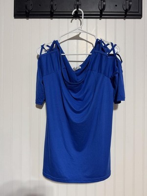 Eye Candy Royal Blue Cold Shoulder Top Womens 2X Strappy Cowl Neck Blouse