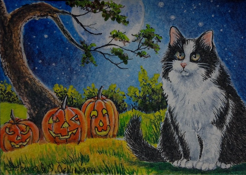 Tuxedo Kitten Cat Jack-O-Lantern Forest Halloween Original ACEO Painting gouache