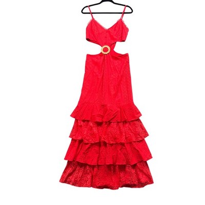 Red Eyelet Cutout Maxi Dress L Ethereal Romantic Festival Vacation Ruffle