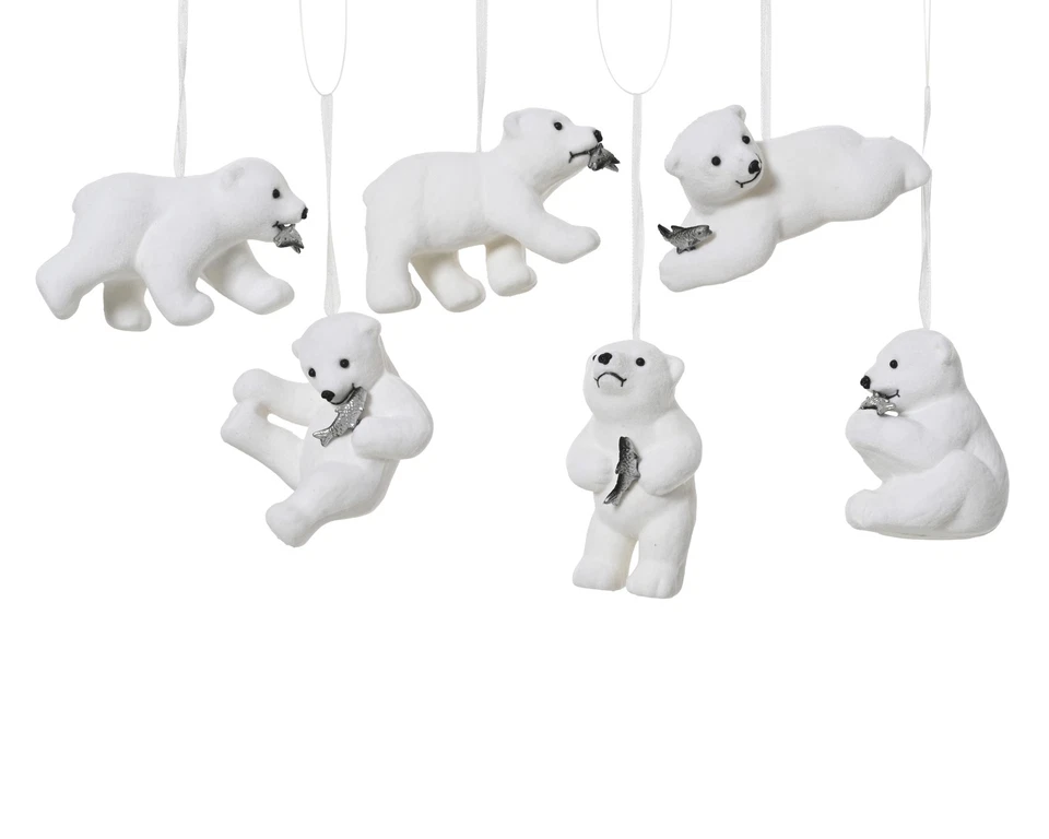 KAEMINGK Polar Bear Christmas Tree Decoration Baubles Polar Bears Silver Fish Flocked x 6