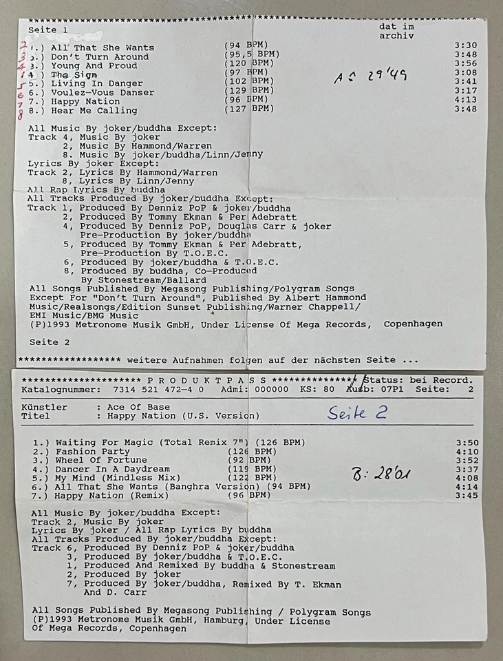 Ace Of Base - Happy Nation (U.S. Version) DAT Production Master Cassette Tape - Image 3 of 3