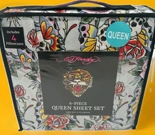 Ed Hardy QUEEN Size Sheet Set 6-Piece Edgy Tattoo Skull Butterfly Print 