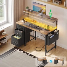 Sofanext 40 Inch Computer Desk with Built-In Power Outlets, LED Lighting,