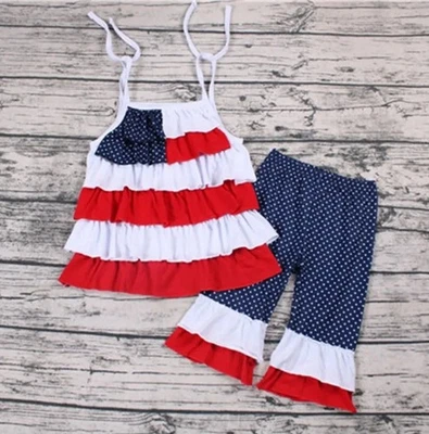 NEW Boutique Patriotic 4th of July Ruffle Tunic Dress Leggings Girls Outfit Set - Image 1 of 4