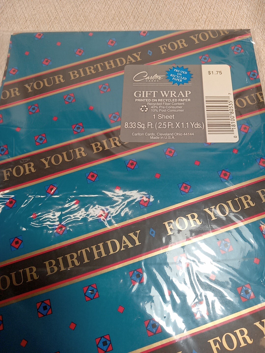 Vintage Carlton Cards Gift Wrap 1 Sheet 8.33 sq ft For Your Birthday Paper Blue