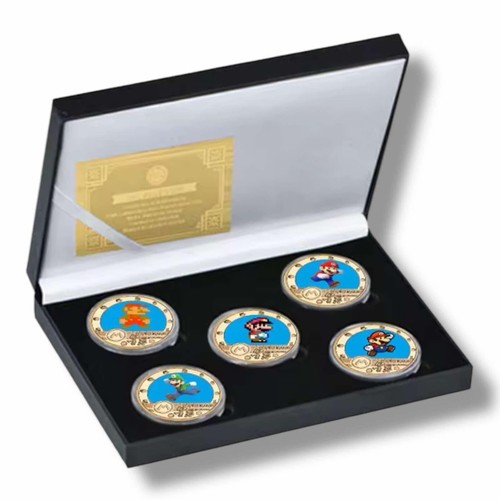 Super Mario Bros x5 Gold Plated Coins Set In A Display Box - Luigi