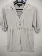 Shanghai Tang Top Womens 8 Gray Blouse Popover 100% Silk Faux Button Collar Slit