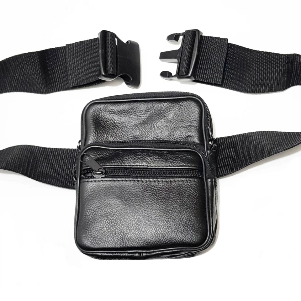 Sac Banane En Cuir Noir Homme Taille Moyen Avec Sangle Réglable 80-155cm - Photo 1/1