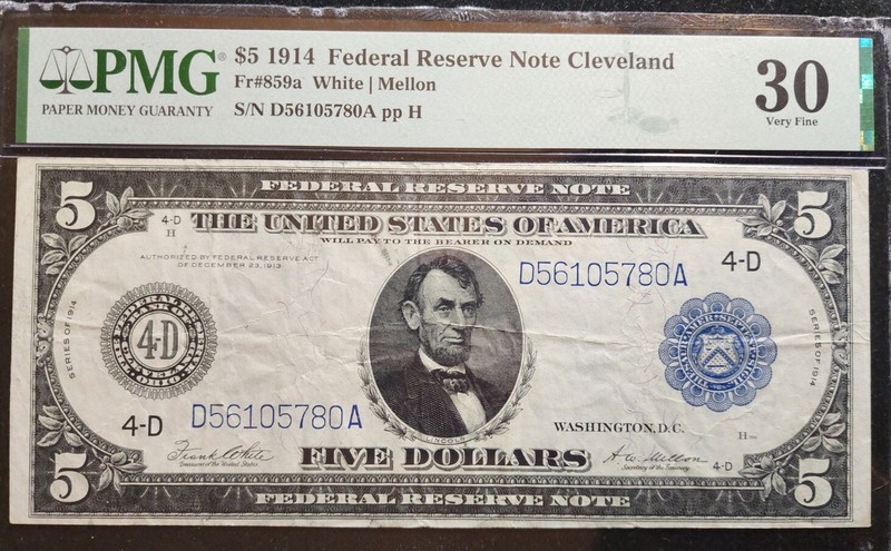 FR. 859a $5 1914 Federal Reserve Note Cleveland PMG VF30. Our T2799