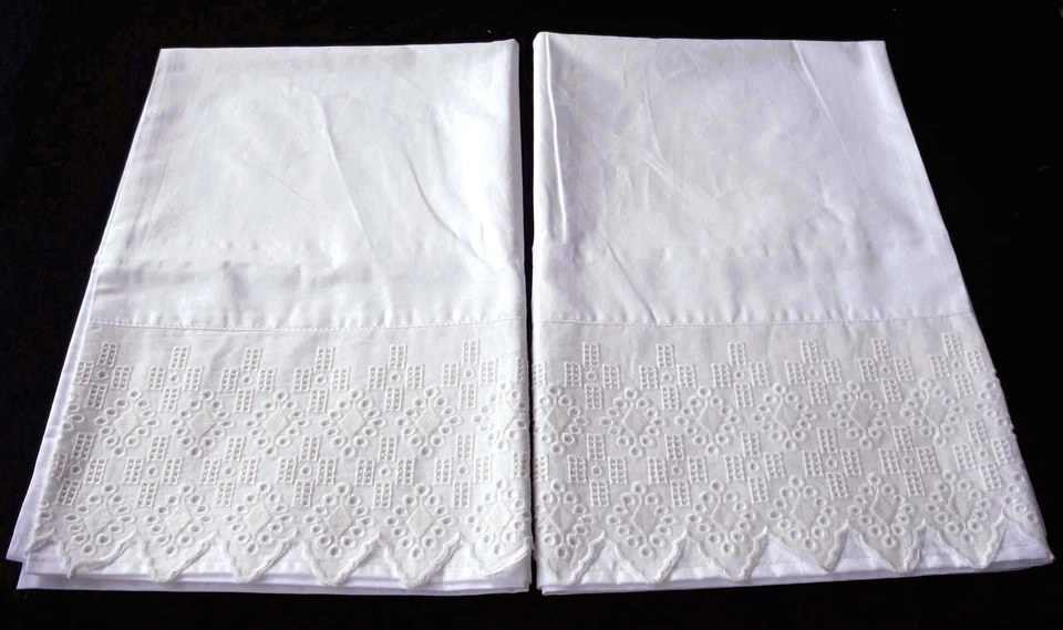 Nuevo par estándar de fundas de almohada de encaje bordadas blancas 100 % algodón M11# Foto 4 de 4