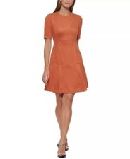 NEW! Calvin Klein Womens 12 Crew Neck Stretch Faux-Suede Dress In Brown NWT $134