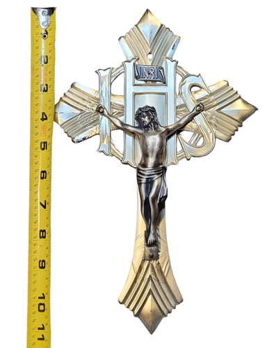 Vintage Art Deco Metall Wandkruzifix 11" INRI Jesus Kreuz IHS christliches Dekor - Bild 3 von 4