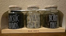 Rae Dunn Set Small Glass Jar w/Wood Lid with Bobby Pins Hair Ties  Bands NEW