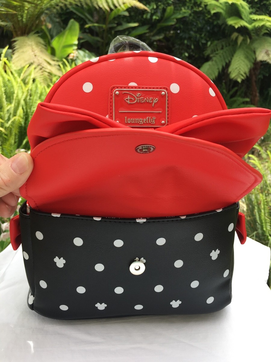 disney's minnie mouse red bow mini backpack Disney Loungefly Minnie Mouse Polka Dot Bow Backpack Red White Black Girls  Women