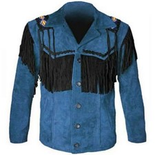 Mens Western Wear Suede Leather Cowboy Fringe Shirt Style  American Blue Jacket