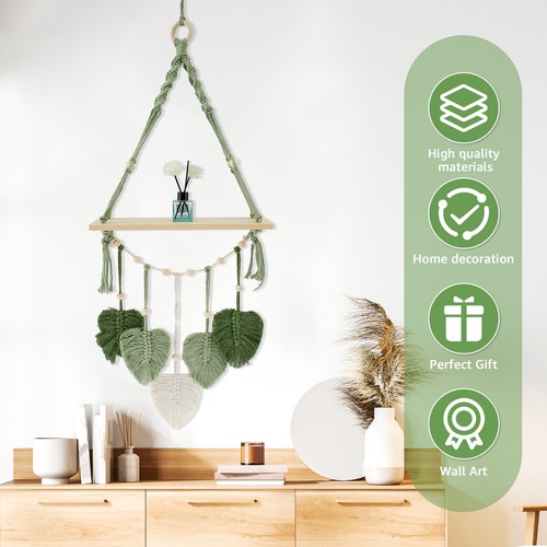Macrame Wall Hanging Shelf with Woven Leaves Wood Floating Storage Shelf qiOBV