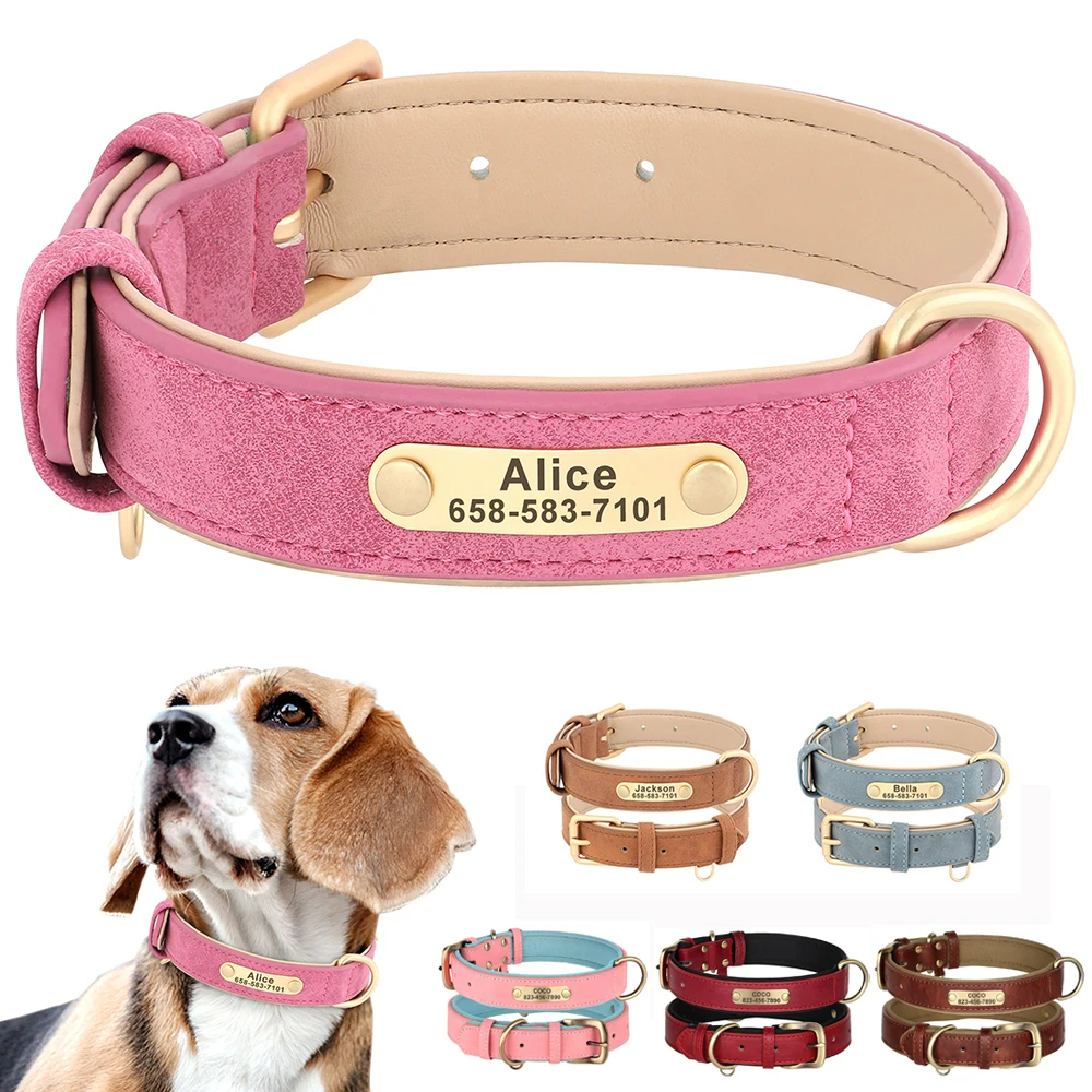 PERSONALIZED Pet Dog Collar Custom PU Leather Collars Engraved Nameplate ID Tag