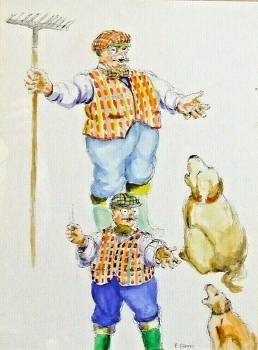 Original watercolour sketch painting signed Peter Atkins framed singing farm dog - Picture 2 of 5