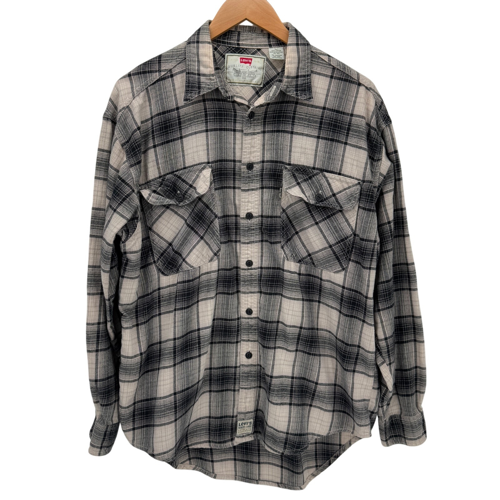 Levi's Flannel Shirt Mens Large Tan Black Plaid Button Up White Tab Vintage