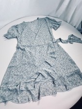 Ocallk WrapDress BlueDitsy FloralRuffleHem FlutterSleeve Cottagecore Tea Dress