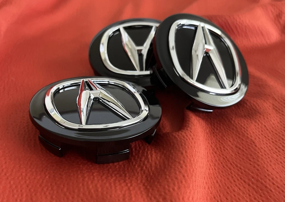 4 ACURA 69mm Black Wheel Center Caps Silver Chrome Emblem Fits TL MDX RL RDX TSX - Image 2 of 4