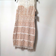 GUESS Women's White Beige Floral Lace Sheath Dress Sleeveless Knee Lined L