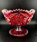 LE Smith Ruby Red Iridescent Footed Pedestal Bowl Compote Aztec Pinwheel Design